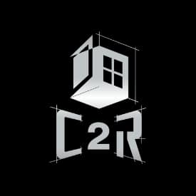 Logo C2R : Architecture et Rénovation Immobilière Logo C2R argenté avec une maison stylisée en 3D et lignes de croquis d'architecte sur fond noir.