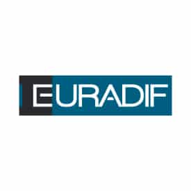 Logo EURADIF : Expert en portes d'entrée et menuiserie Logo EURADIF avec texte blanc sur fond rectangulaire bicolore bleu canard et gris foncé.