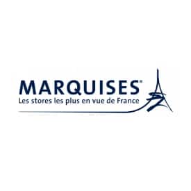 Marquises : les stores haut de gamme les plus vus de France Logo Marquises bleu avec tour Eiffel stylisée et texte : Les stores les plus en vue de France.