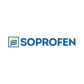 Logo Soprofen : Expert en Volets Roulants et Menuiseries Logo Soprofen bleu et jaune composé du nom de la marque et d'un carré avec des lames de volet roulant stylisées.
