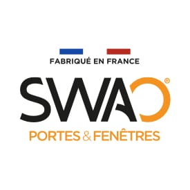 Menuiserie SWAO : Portes et Fenêtres Fabriquées en France Logo SWAO noir et orange, Portes & Fenêtres, avec mention Fabriqué en France et barres tricolores.