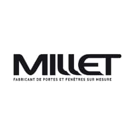 Millet : Fabricant de Portes et Fenêtres sur Mesure Logo Millet noir sur fond blanc, fabricant de portes et fenêtres sur mesure.